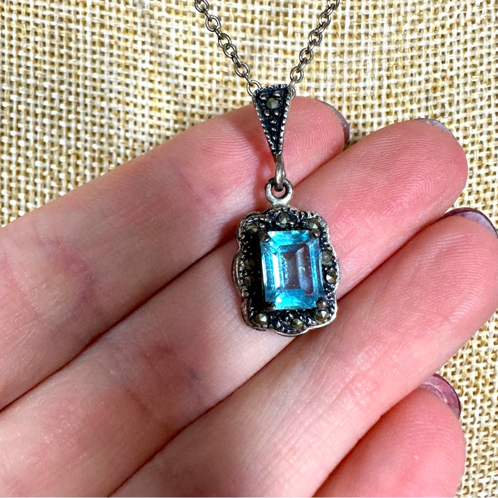 Vintage Emerald-Cut Aquamarine Marcasite Silver Drop Pendant & Chain Sterling
